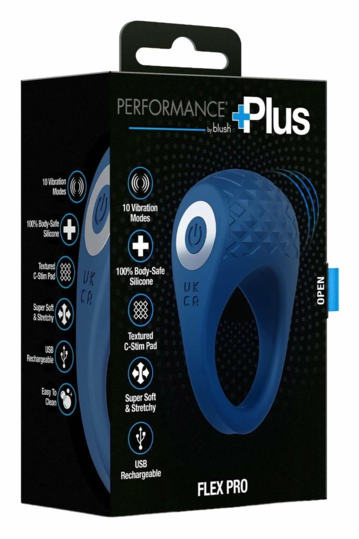 Performance Plus Flex Pro Blue silikonowy pierścień wibrujący, 10 trybów, teksturowany, USB