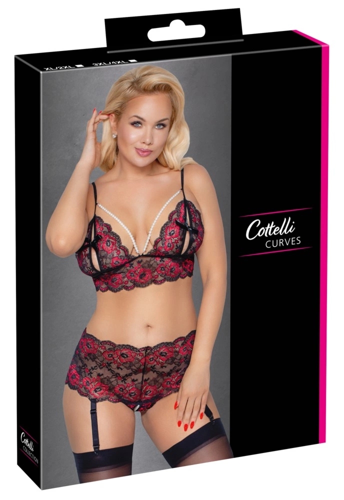 Cottelli CURVES komplet XL/2XL – koronkowy zestaw z perłowym akcentem i wyjmowanymi szelkami