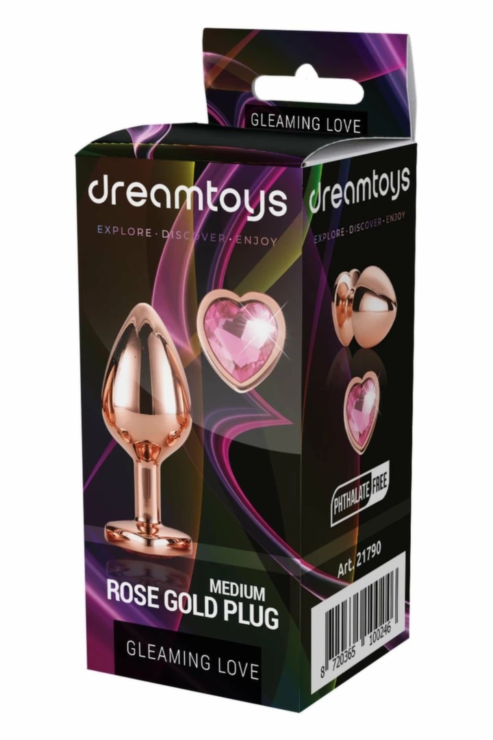 GLEAMING LOVE Rose Gold Plug Medium aluminiowy model z sercowatym kryształem, 8,3 cm