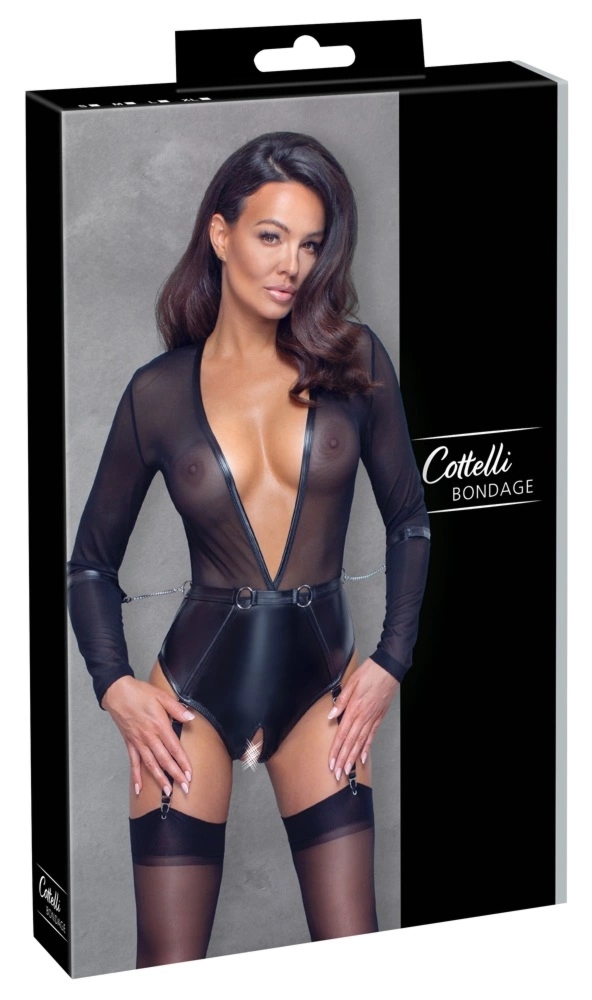 Cottelli Collection Bondage Body XL siateczka, pas z pierścieniami, kajdanki