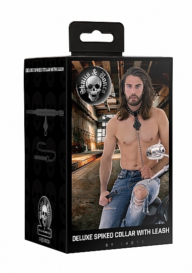 OBROŻA na szyję z czaszkami i smyczą - Ouch! Skulls and Bones - Neck Chain with Spikes and Leash - Blac