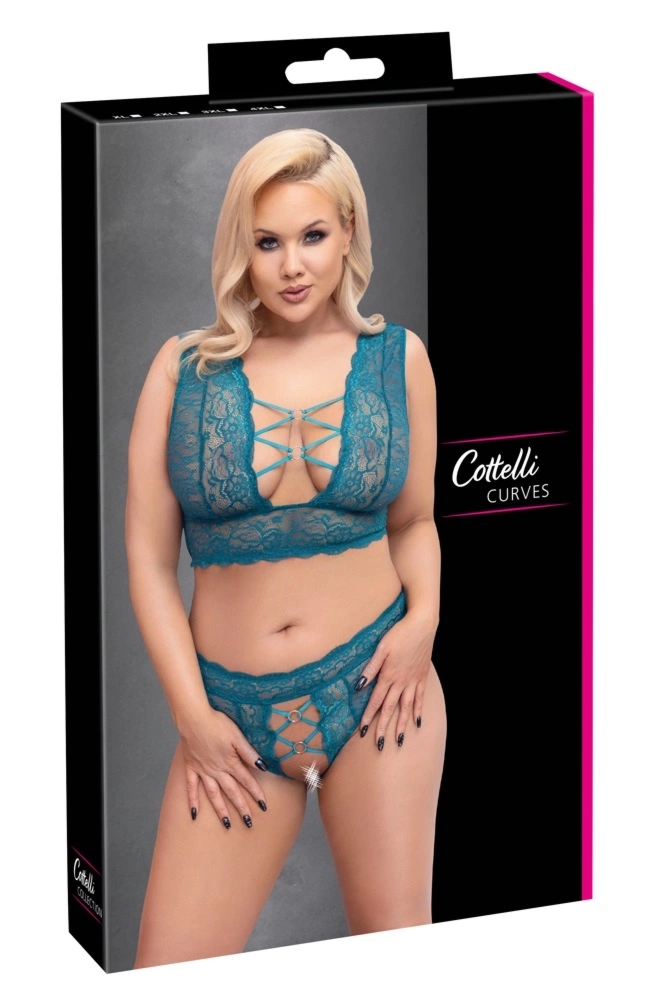 Cottelli CURVES 3XL – niebieski komplet koronkowy braletka i wysokie stringi z otwartą konstrukcją