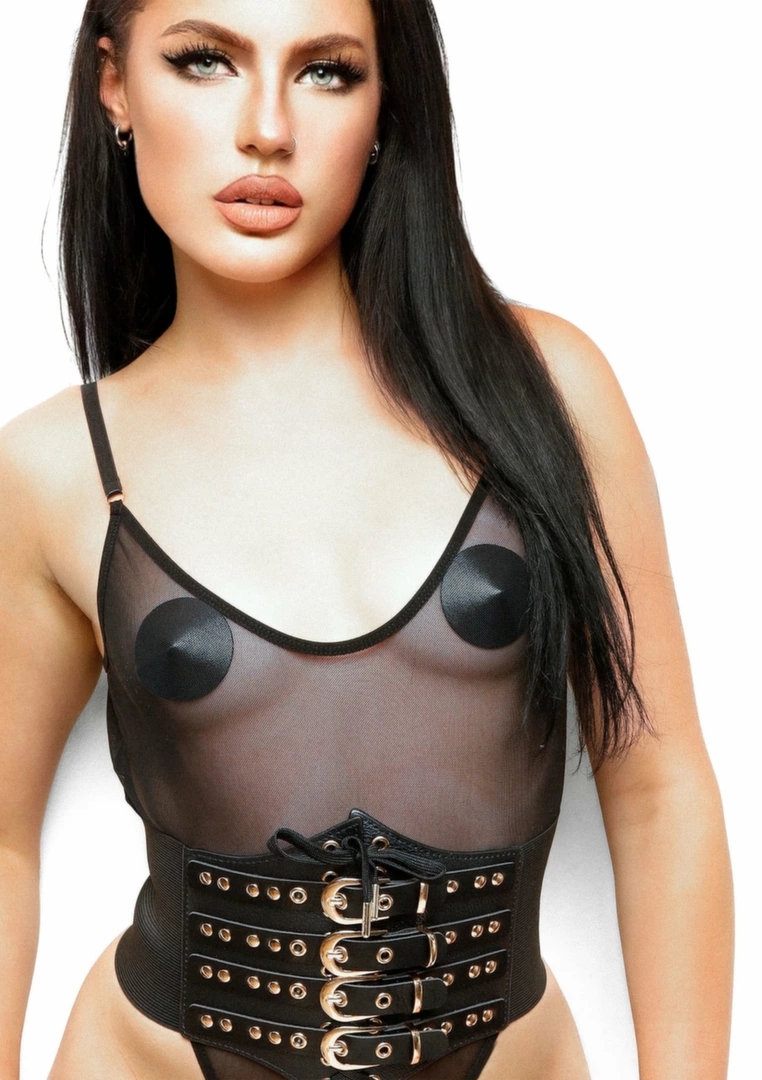 Kinky Diva Buckled Front Waist Cincher elastyczny czarny pas modelujący z klamrami M/L