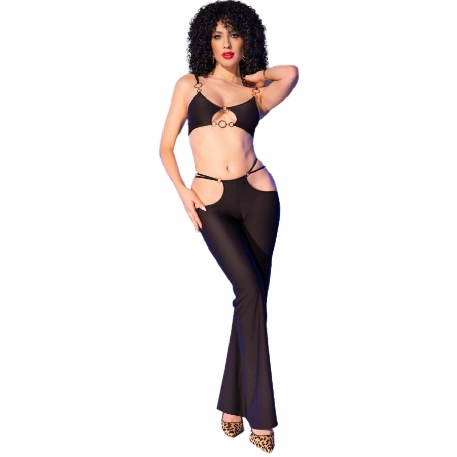 Chilirose CR 4851 Czarny komplet top i legginsy S ze złotymi pierścieniami i wycięciami