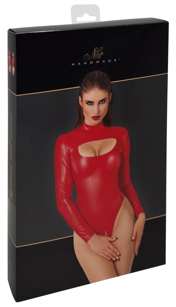 Noir Handmade Body Powerwetlook M czerwony, wysoki kołnierz, dekolt, długi rękaw
