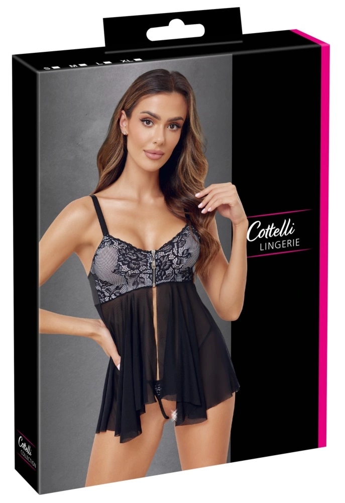 Cottelli LINGERIE babydoll XL z koronką, otwarty przód, stringi w komplecie