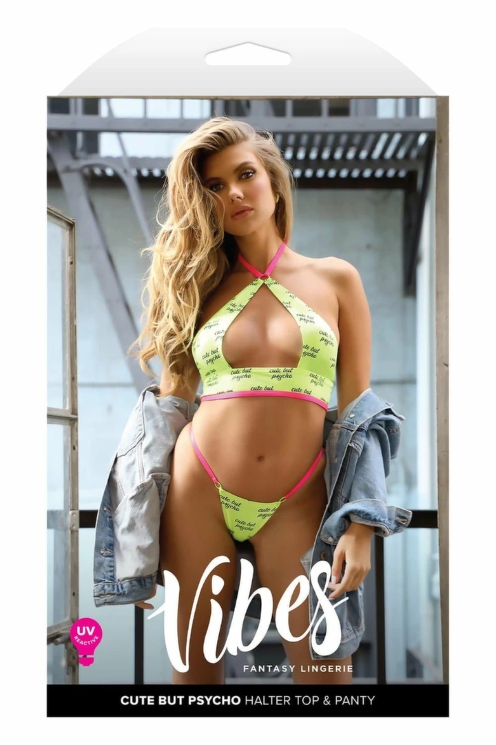 Fantasy Lingerie CUTE BUT PSYCHO UV Halter Top & Panty żołty L/XL z efektem UV i wycięciem