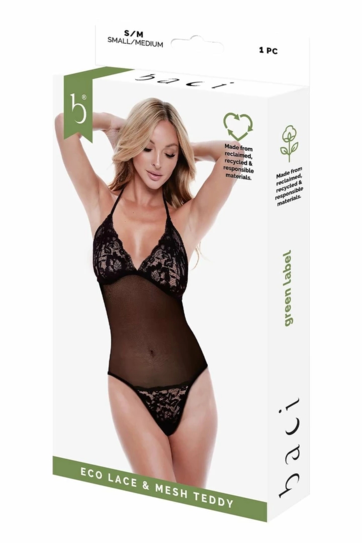Baci Eco Lace & Mesh Teddy Black S/M – ekologiczny body z koronką, czarny, S/M, głęboki dekolt