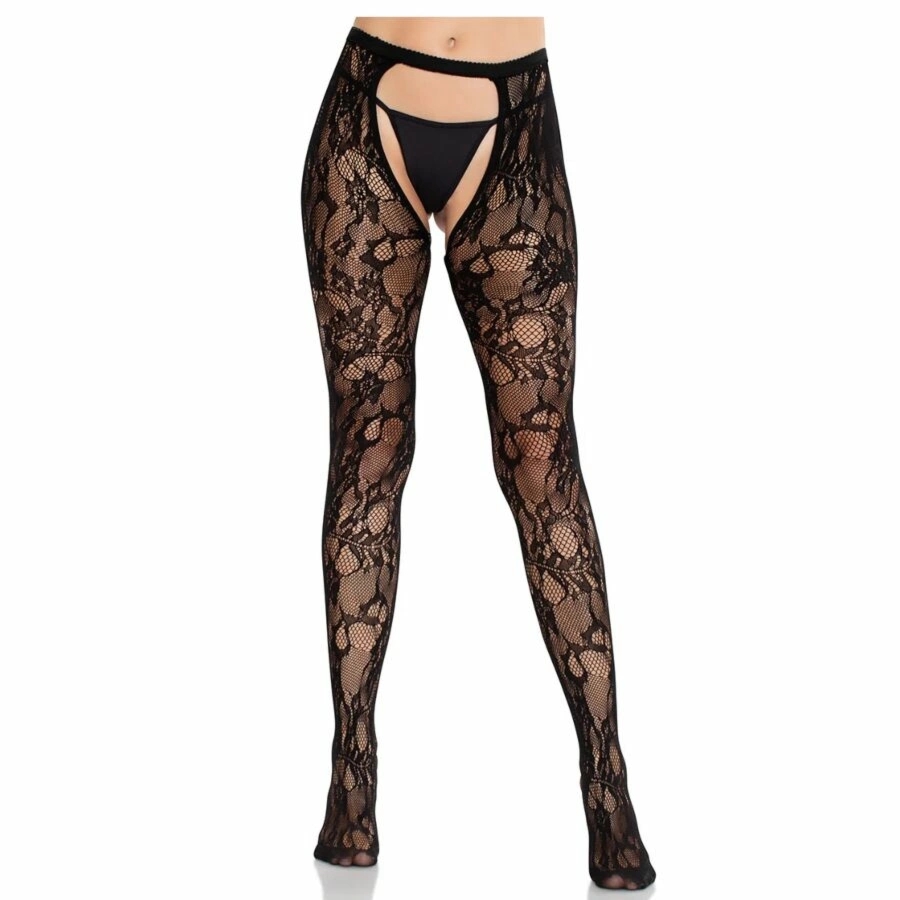 Leg Avenue Rose Lace pończochy czarne koronkowe z otwartymi tyłami i motywem kwiatowym
