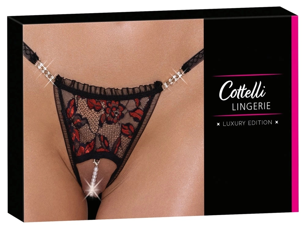 Cottelli LINGERIE Stringi koronkowe S/M z wyjmowanymi perełkami i dwukolorową koronką