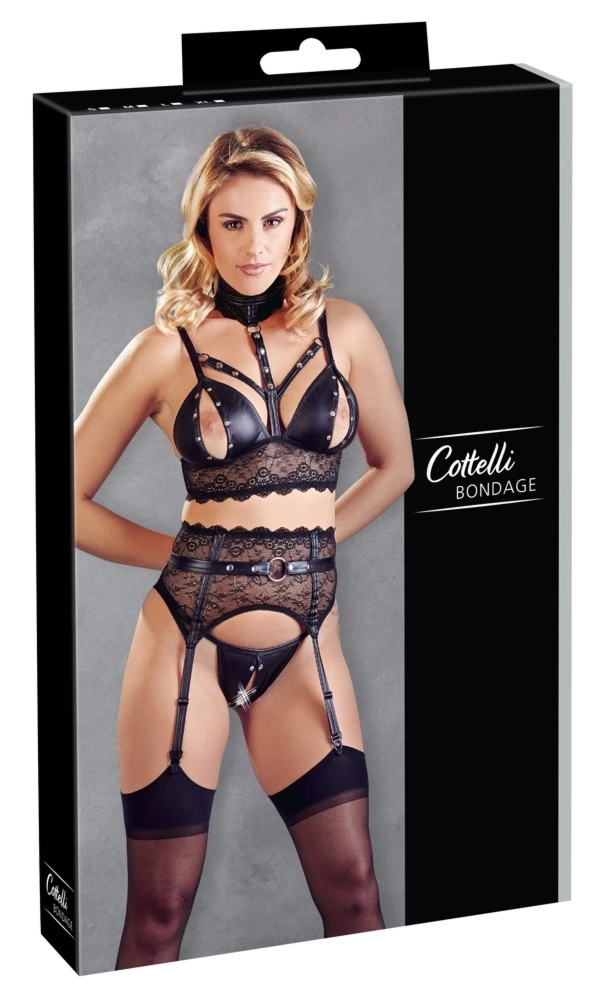 Cottelli Collection Bondage komplet koronkowy czarny XL z kajdankami i ćwiekami