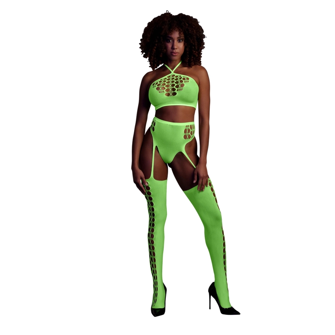 Ouch! Neon Set dwuczęściowy top z pończochami XS/L, neonowy roż, UV aktywowany