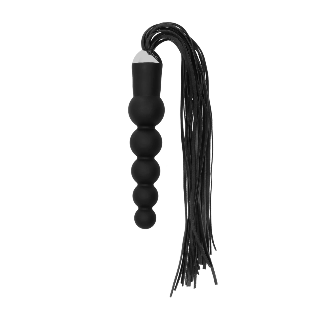 Ouch! Pejcz z zakrzywioną końcówką silikonową – model 30 cm, czarny, anatomiczny