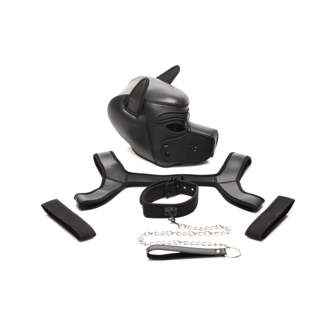 XR Brands Zestaw neoprenowy Dog Play – kaptur, obroża, uprząż, smycz, regulowany