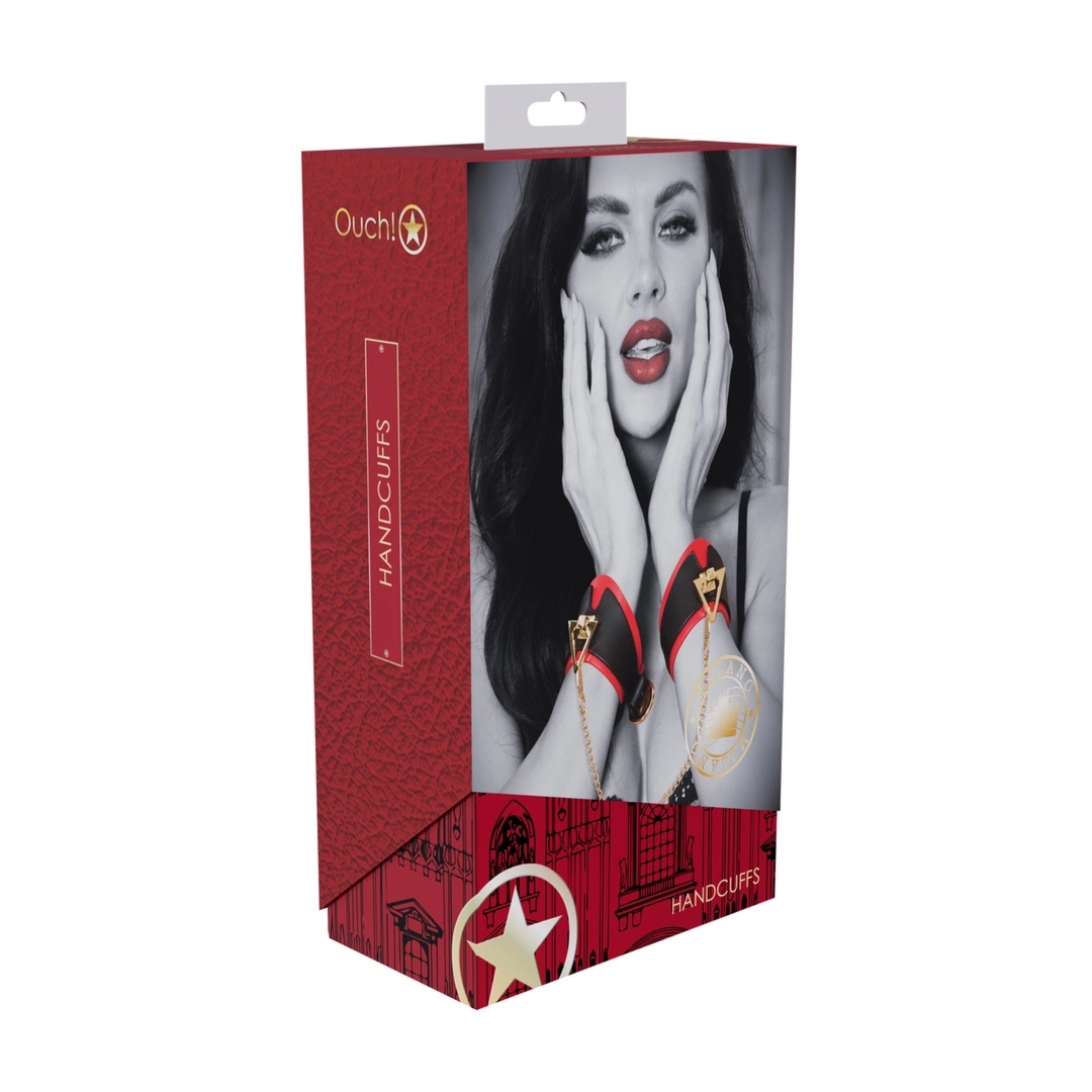 Ouch! Milan Collection kajdanki skorzane czarny/czerwony – regulowane, opalizujące wykończenie, solidne zapięcia