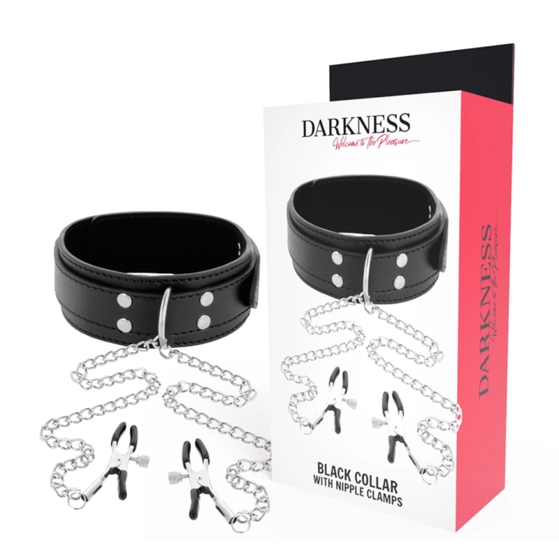 Darkness Collar z Regulowanymi Zaciskami na Klipsy, Czarny – Skóra PVC, Uniwersalny Rozmiar