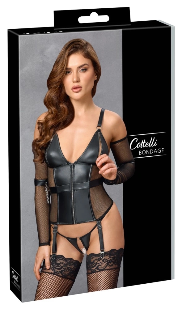 Cottelli Bondage Komplet Matowy Top i Stringi Bez Krocza Czarny L, z mankietami