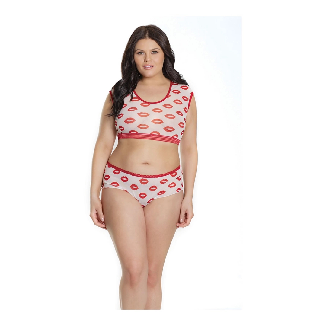 Coquette komplet top i szorty z nadrukiem plus size, wygodny fason, elastyczna tkanina