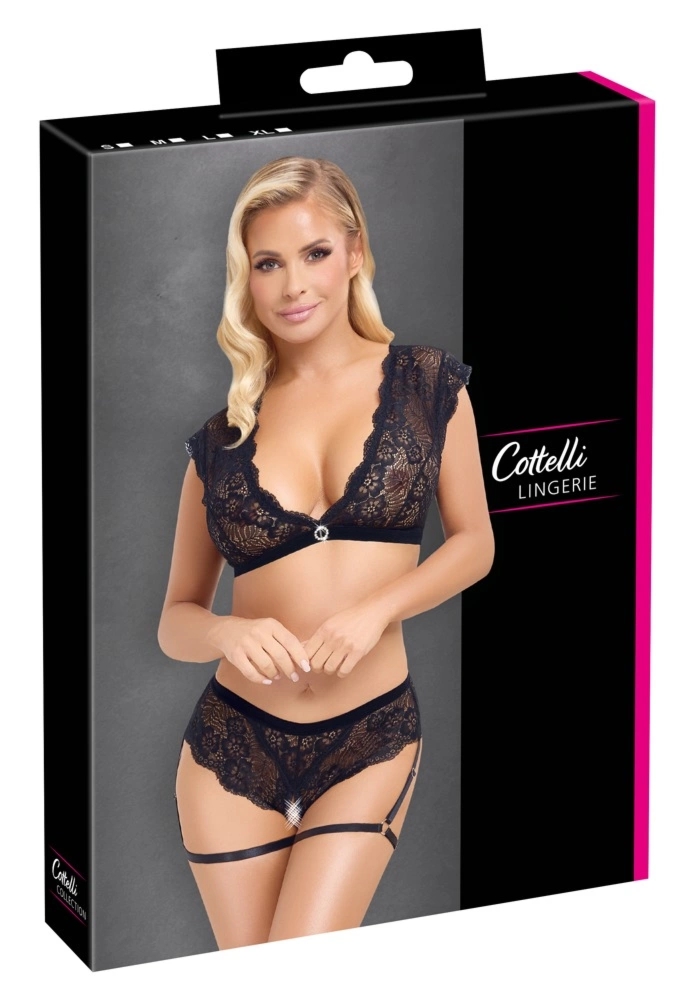 Cottelli Lingerie komplet koronkowy top i majtki czarne S z pierścieniem i regulacją