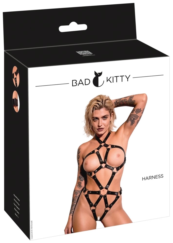 Bad Kitty Metall Harness S-L czarny, regulowany pas na ciało, imitacja skóry, metal