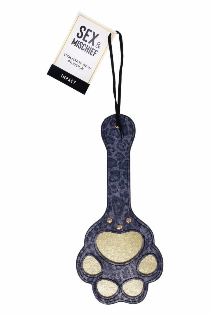 SPORTSHEETS Cougar Paw Paddle niebiesko-złota panterka, 28 cm, wzmocniona ekoskóra