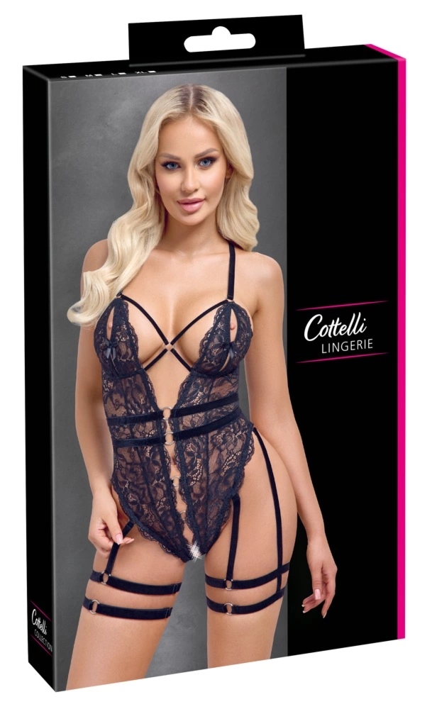 Cottelli Lingerie body koronkowe czarne z paskami L, otwarty przód, regulowane elementy