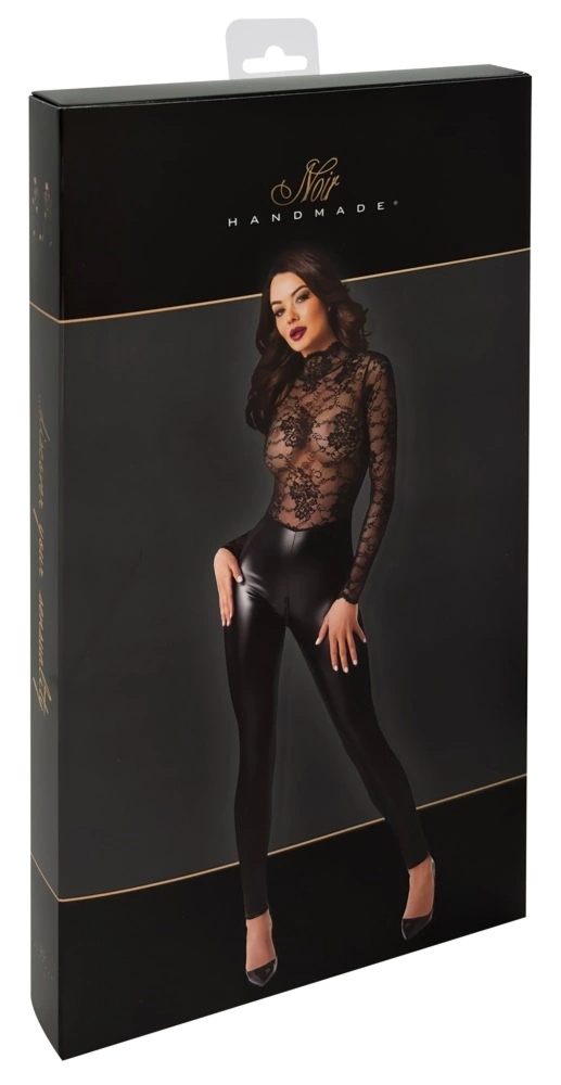 Noir Orgia Exclusive S czarny kombinezon damski koronka i wetlook, stojka, zamek