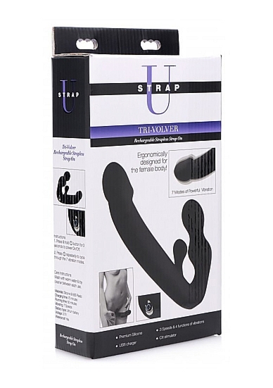 Wibrator Strap-on ze dodatkowym stymulatorem - Tri-Volver Rechargeable Strapless Strap On - czarny AF807