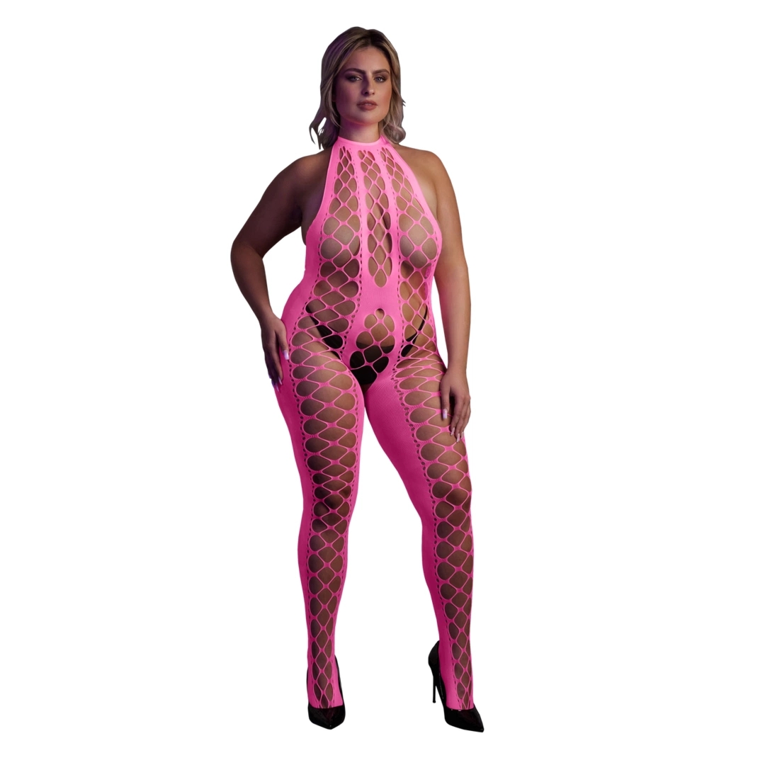 Ouch! by Shots Bodystocking Neon XL/XXXXL, dekolt V, UV aktywacja, elastyczna siateczka