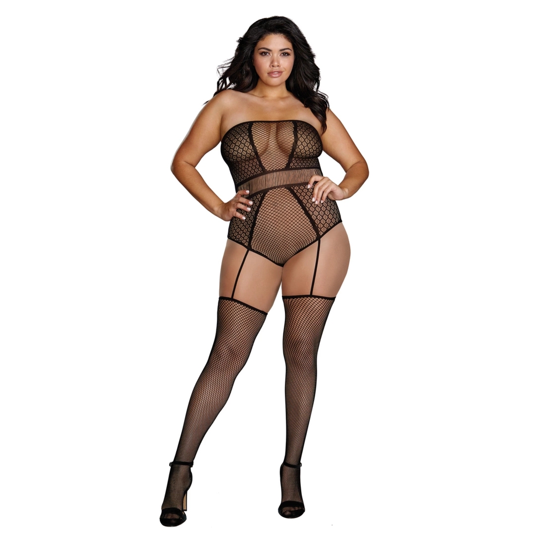 Dreamgirl Bodystocking Plus Size geometryczny wzór, podwiązki, elastyczna siateczka, czarne