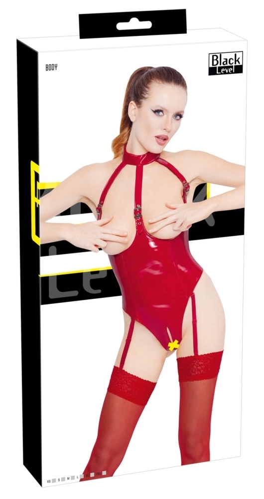 Black Level Body winylowe czerwone 2XL, bez biustu i kroczowe, regulowane ramiączka