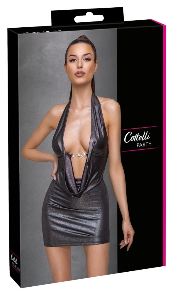 Cottelli Collection PARTY sukienka srebrna XL z głębokim dekoltem i ozdobnym zapięciem