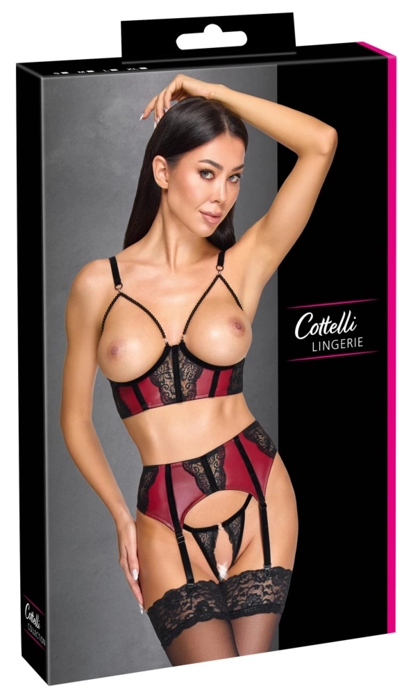 Cottelli LINGERIE komplet bielizny 3-częściowy M czerwono-czarny z koronką i aksamitnymi paskami