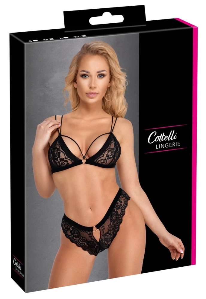 Cottelli Lingerie komplet koronkowy biustonosz i figi M czarny z pierścieniami i tasiemkami