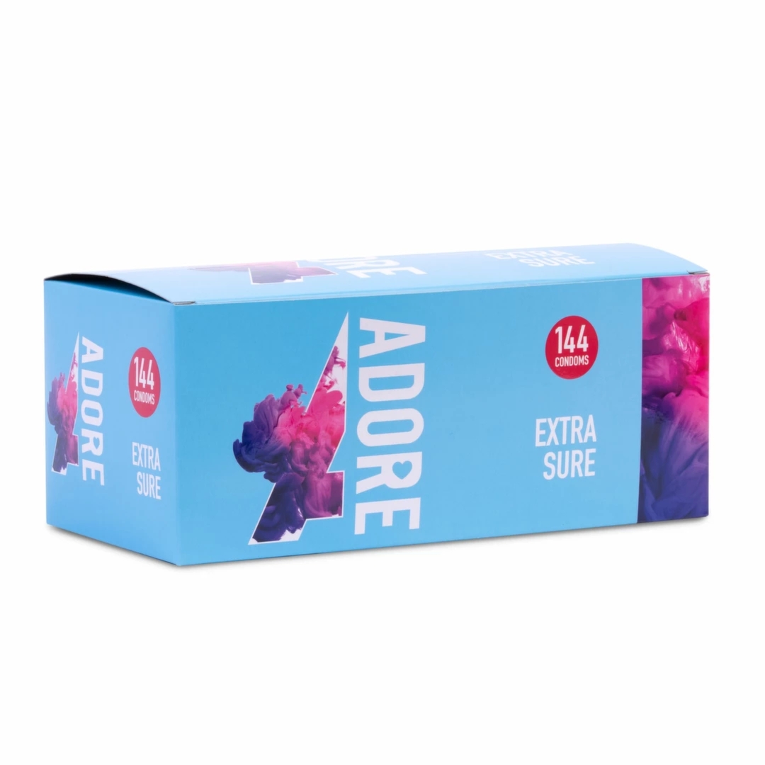 Adore Extra Sure prezerwatywy 144 sztuki, powiększona wytrzymałość, gładka powierzchnia