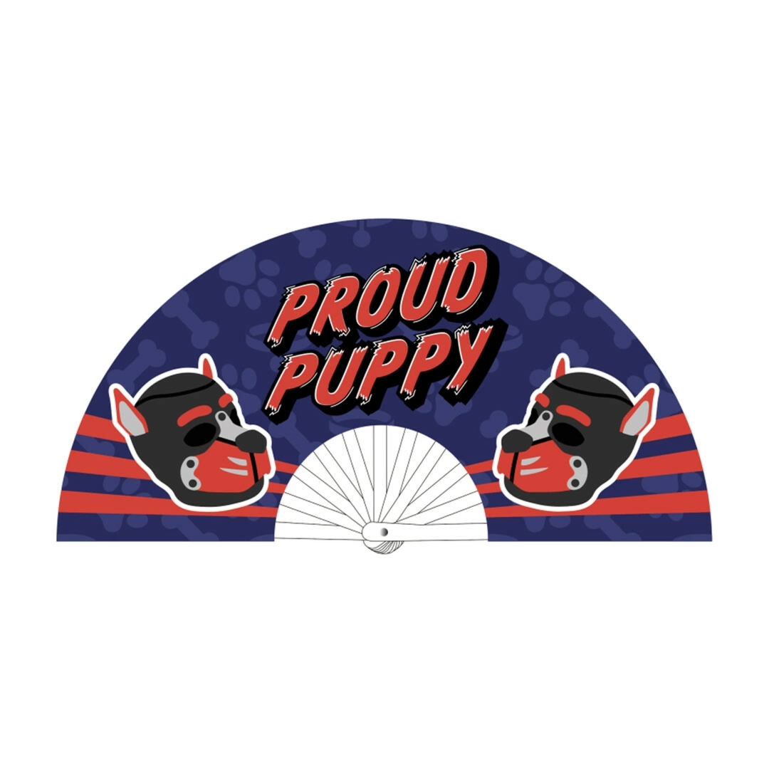 Proud Puppy Fan 64 cm – składany wachlarz z napisem PUPPY PROUD, lekki i trwały