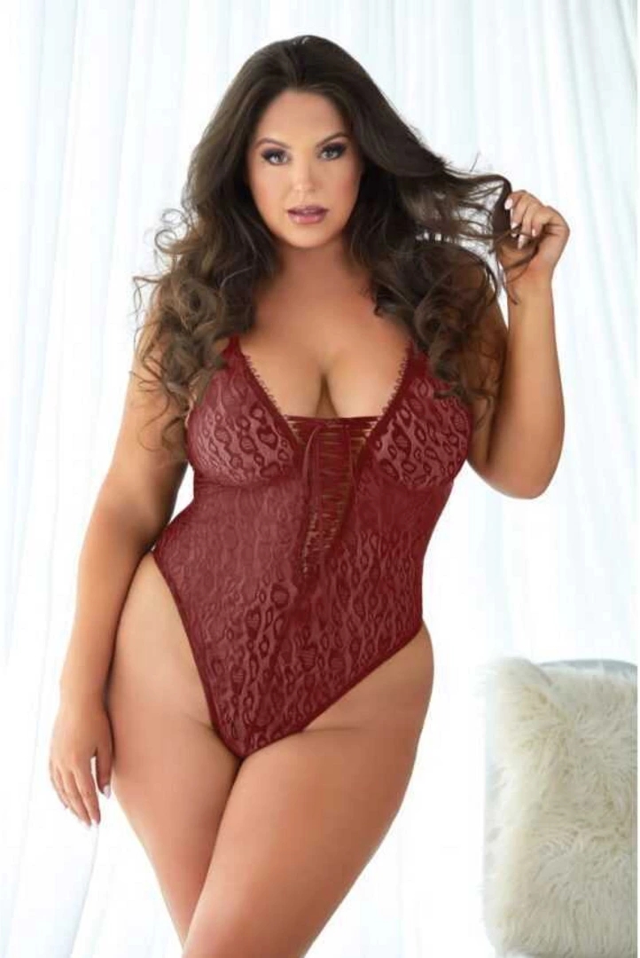 Allure Body burgundowe z koronką i wzorem panterki, regulowane ramiączka 2X/3X
