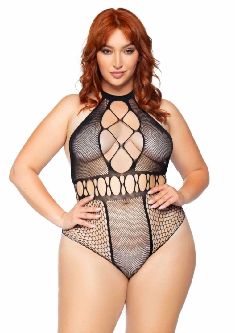 Plus Seamless Halter Bodysuit – czarny bezszwowy body z siateczką, halter XL/XXL