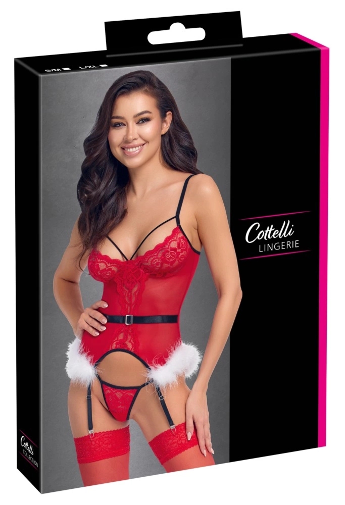 Cottelli Lingerie X-Mas Basque z koronką i piórami, czerwony L/XL, regulowane paski