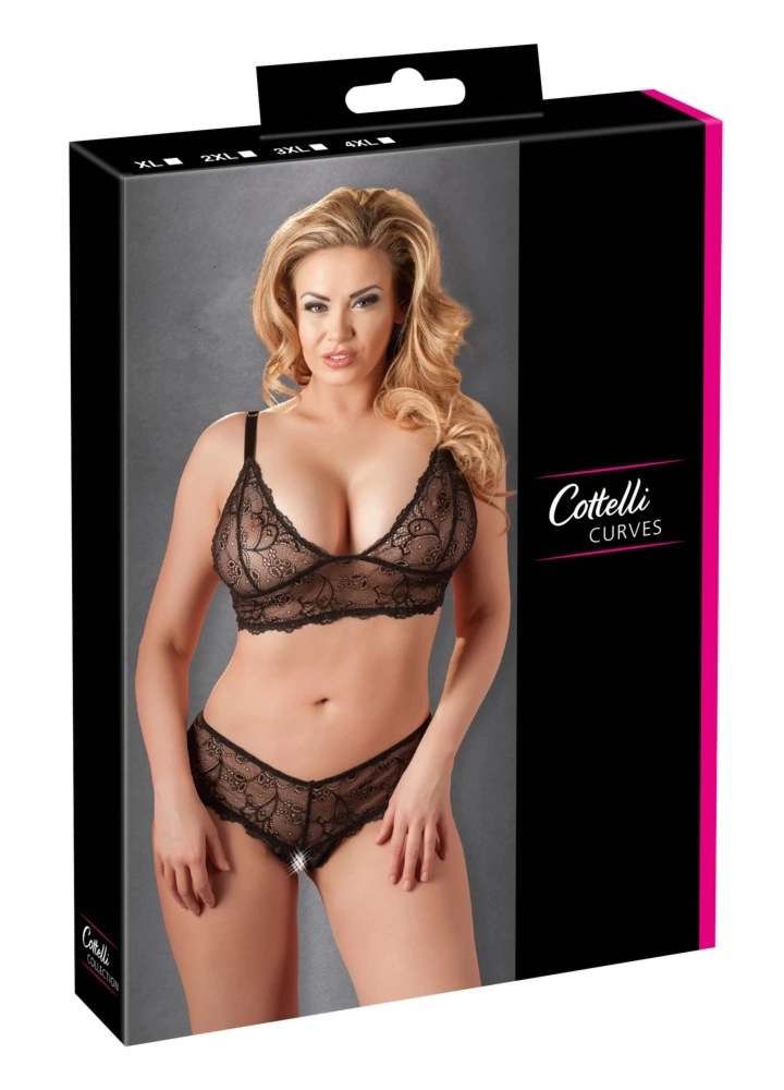Cottelli Curves XL czarny koronkowy komplet bez fiszbin, biustonosz i otwarte stringi