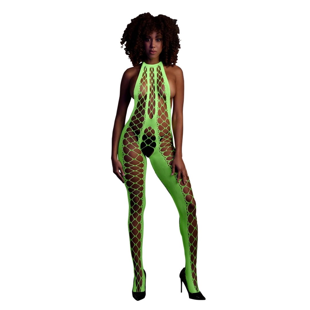 Ouch! by Shots Bodystocking Neon XS/L, głęboki dekolt, UV aktywacja, elastyczny materiał