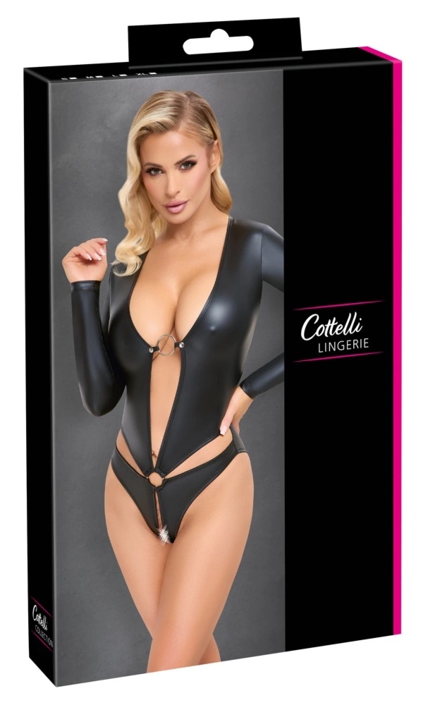 Cottelli LINGERIE body matowe czarne M, otwarty przód, długi rękaw, marszczenie