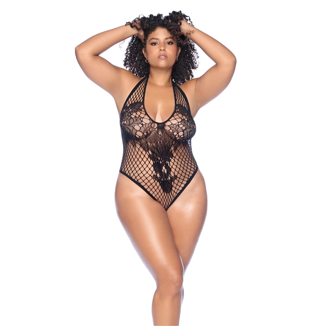 Leg Avenue Floral Fishnet Body Queen Size czarny, wiązanie z tyłu, kwiatowy motyw