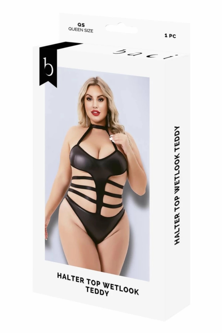 Baci Halter Top Wetlook Teddy Black QS – body z połyskiem, czarne, wycięcia po bokach, Queen Size