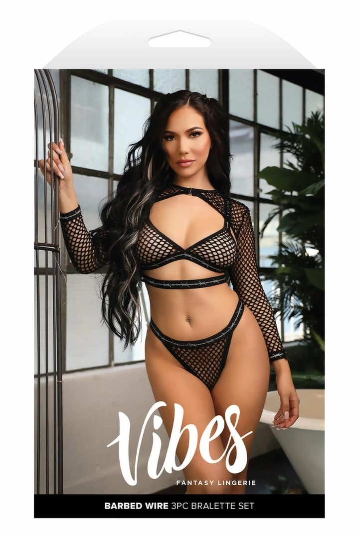 Fantasy Lingerie BARBED WIRE FISHNET komplet 3-częściowy czarny L/XL z motywem drutu kolczastego