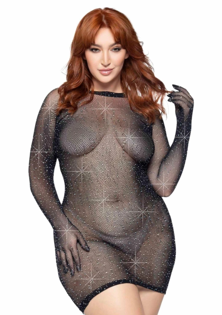 Plus Rhinestone Fishnet Gloved Mini Dress czarna mini sukienka siateczkowa z rękawiczkami XL/2XL