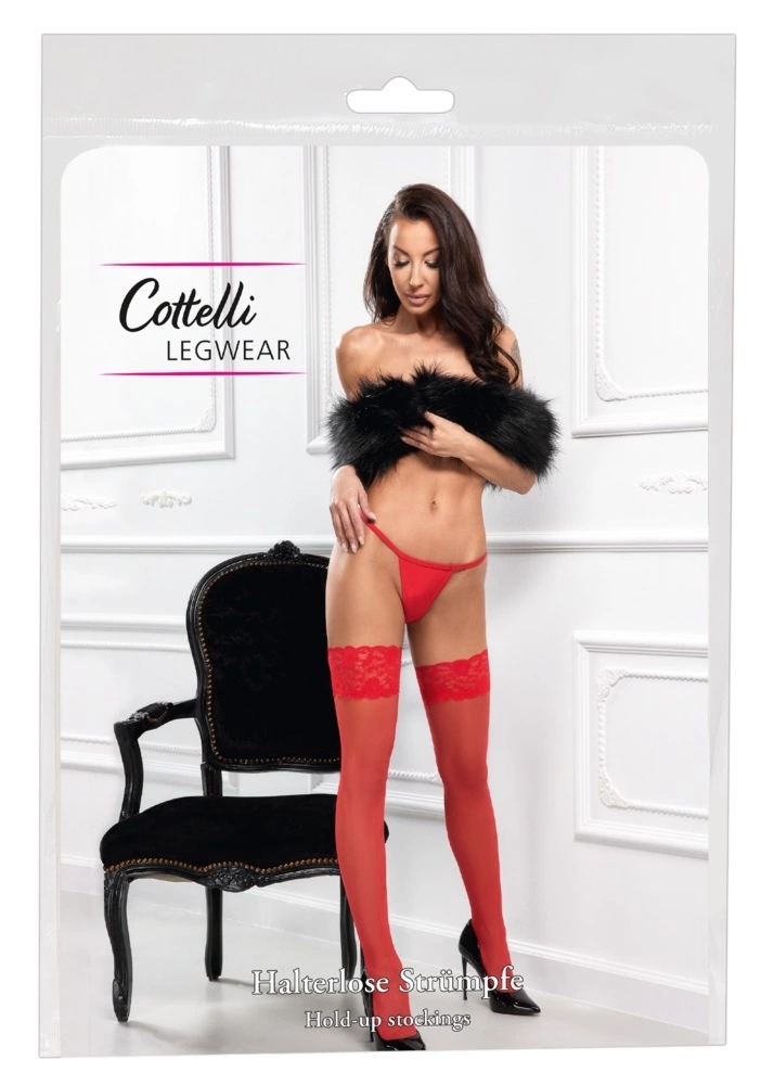 Cottelli LEGWEAR Pończochy czerwone samonośne z koronką 9 cm, 20 den, silikon, Oeko-Tex