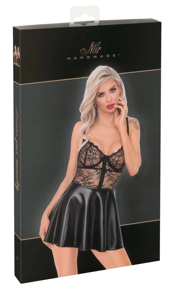 Noir sukienka mini czarna S z koronką, powerwetlook i regulowanymi ramiączkami