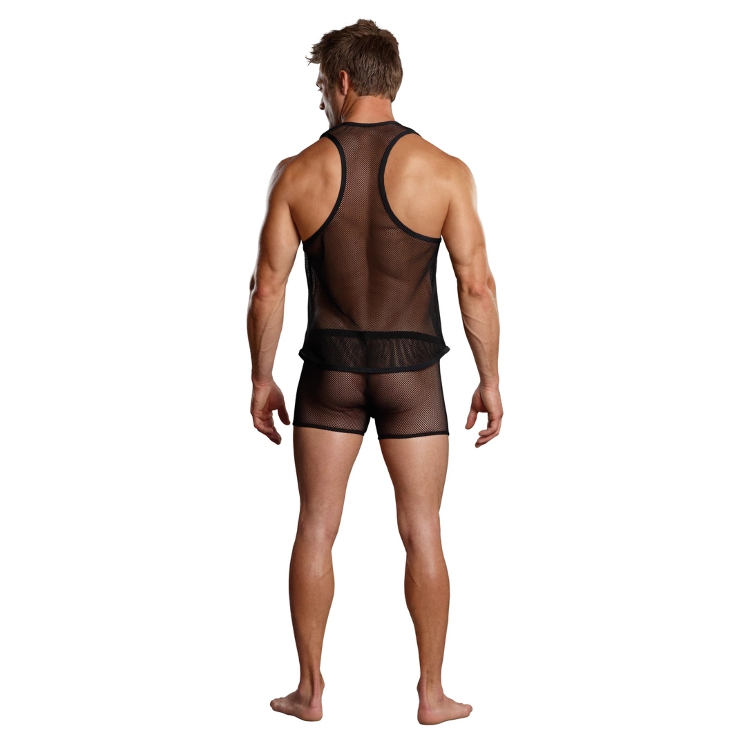 Male Power Stretch Net Tank top siateczkowy z wycięciem na plecach, czarny, elastyczny