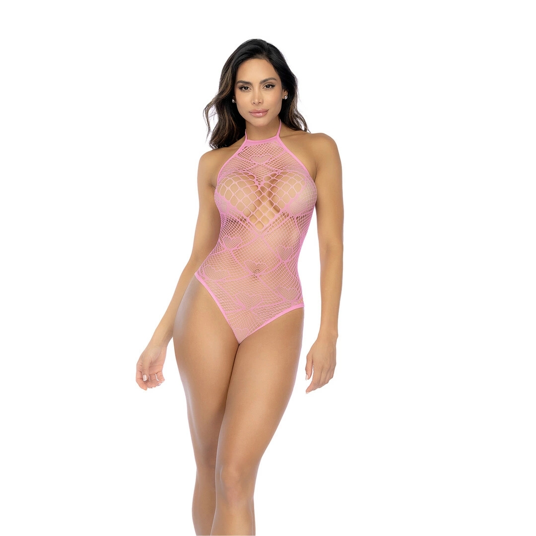 Mapale Heart Fishnet Bodysuit Bubbelgum Pink, motyw serca, kryształki, One Size